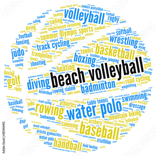 Beach volleyball. Word cloud in the form of a ball, white background. Summer sports.