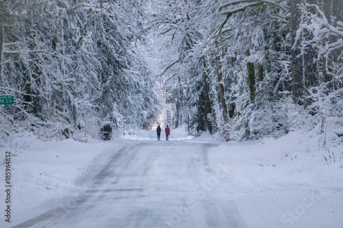 Two people walking down a snow covered road in the Cascade mountains during Winter 