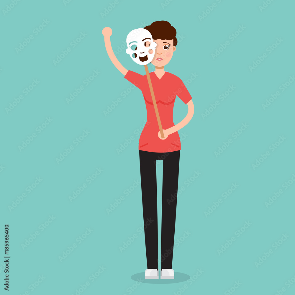 Fake emotion concept. Hide under smile mask real sad face. Vector illustration. Fake emotion concept. Hide under smile mask real sad face. Vector illustration.