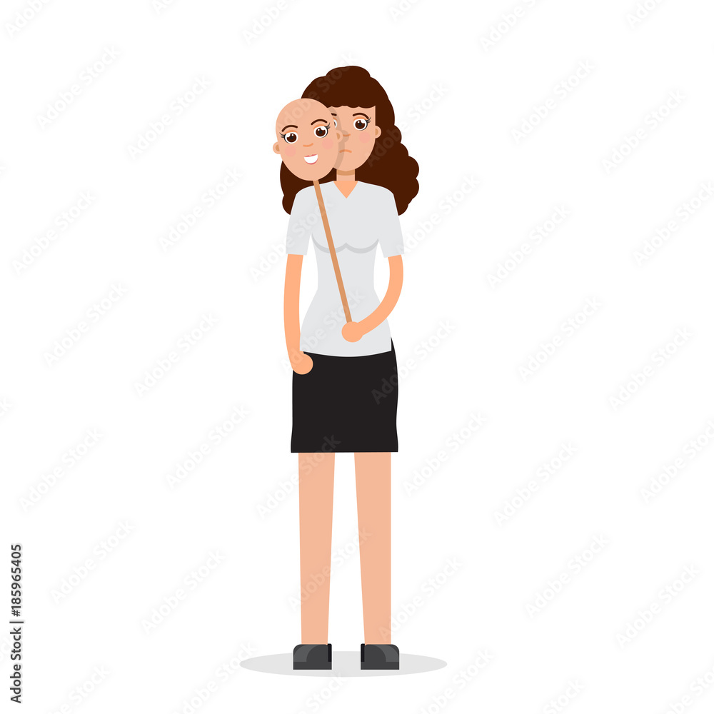 Fake emotion concept. Hide under smile mask real sad face. Vector illustration. Fake emotion concept. Hide under smile mask real sad face. Vector illustration.