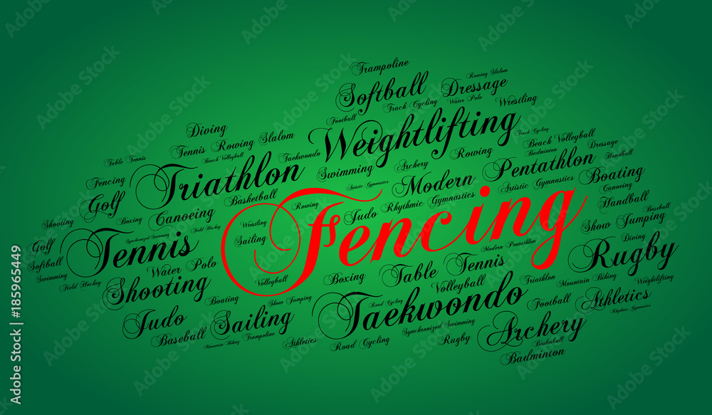 Fencing. Word cloud , elegant cursive font, green gradient background. Summer sports. Fencing. Word cloud , elegant cursive font, green gradient background. Summer sports.