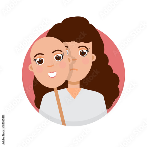 Fake emotion concept. Hide under smile mask real sad face. Vector illustration.