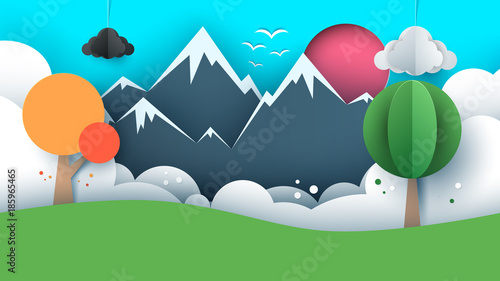 Paper travel illustration sun, cloud, hill, mountain, bird.