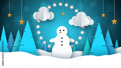 Winter landscape. Snowman, fir, star, moon.