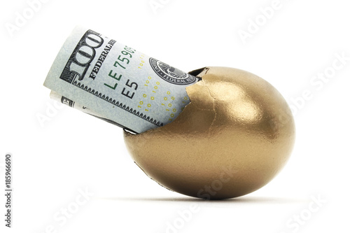 Quadro em tela Cracked gold egg with one hundred dollars.