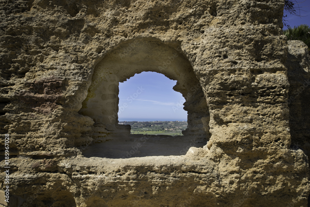 Window view from valley of the Temples Agrigento in Sicily.