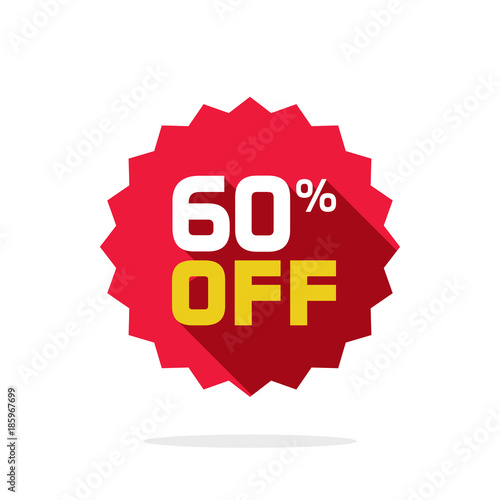 Sale tag vector badge template, 60 percent off sale label symbol, 60 discount promotion flat icon with long shadow, clearance sale sticker emblem, bargain red sign rosette design isolated on white