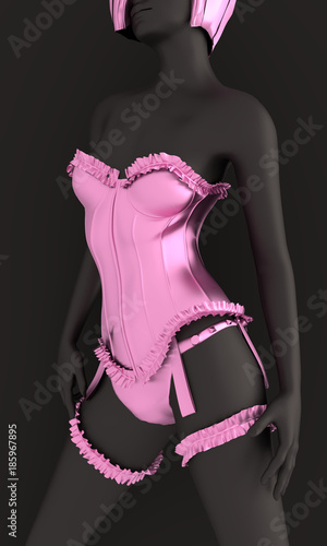 Beautiful sexy fitness girl. Pretty woman wearing lilac lingerie and garter. Front view. 3d rendering.