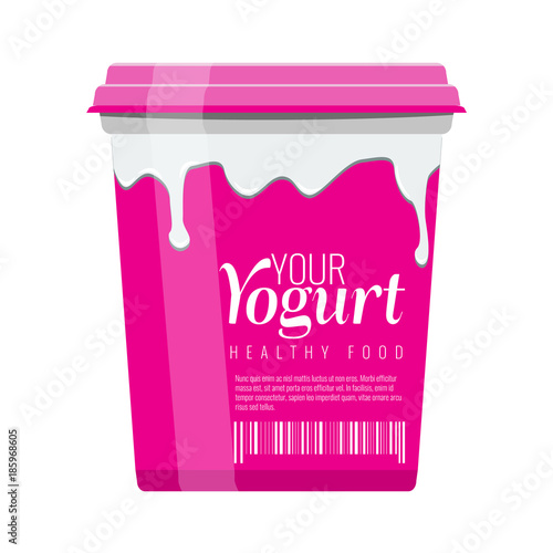 Pink Plastic Bucket With Pink Lid. Yogurt package design with milk flow illustration. Flat and solid color design Vector