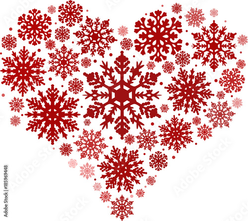 red heart shape from snowflakes isolated on white