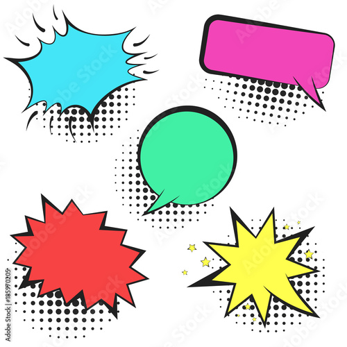 Set of colorful empty retro comic speech bubbles with black halftone shadow in pop art style. Black outline balloons for message, comics book or advertising text, web design, greeting cards