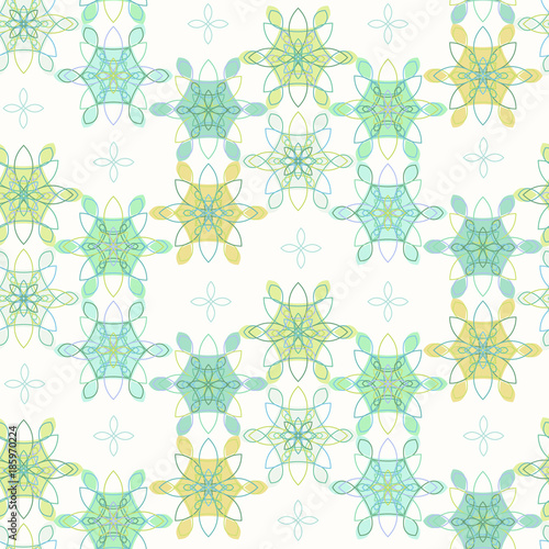 Tender lace floral seamless pattern in blue and green colors, east stile. Delicate geometric macrame ethnic texture for textile, wallpapers, tiles, cloth, gift wrapping paper, web design, cover
