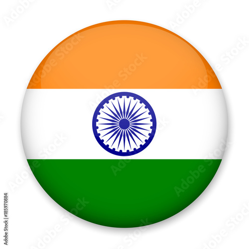 Flag of India in the form of a round button with a light glare and a shadow. The symbol of Independence Day, a souvenir, a button for switching the language on the site, an icon.