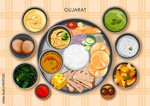 Traditional Gujarati cuisine and food meal thali of Gujarat India photo