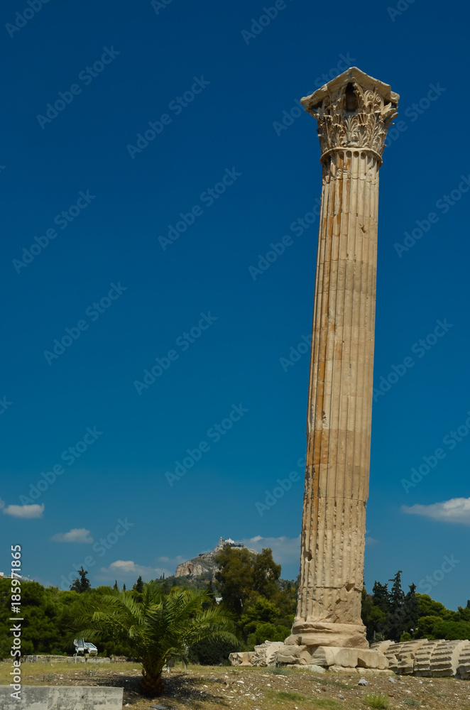 athens greece columns of Olympian Zeus temple, Parthenon view