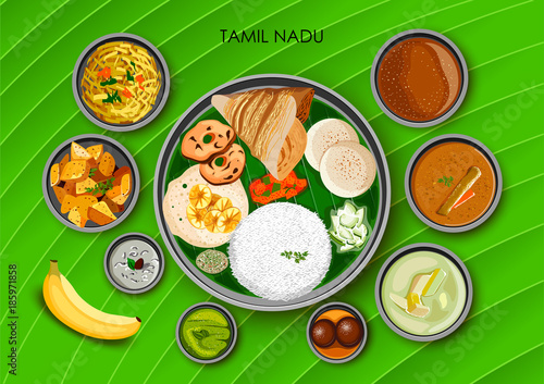 Traditional cuisine and food meal thali of Tamil Nadu India