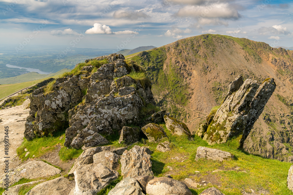 View from Mount Snowdon, Snowdonia, Gwynedd, Wales, UK - looking north at Garnedd Ugain and Llyn Padarn