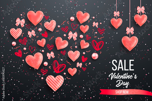Saint valentine day background with colorful hearts with frame. Happy valentines day and weeding design elements. Vector illustration. Pink Background With hearts. Doodles and curls. Be my valentine.