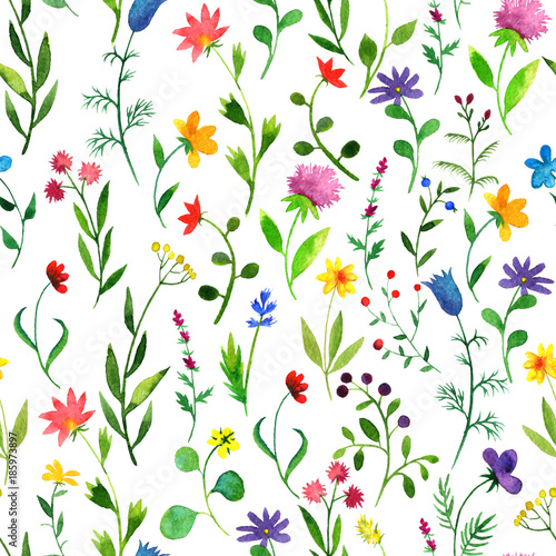 seamless pattern with watercolor doodle plants and flowers
