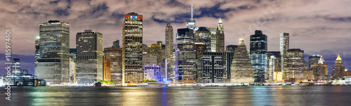 New York City skyline panorama at night, USA.