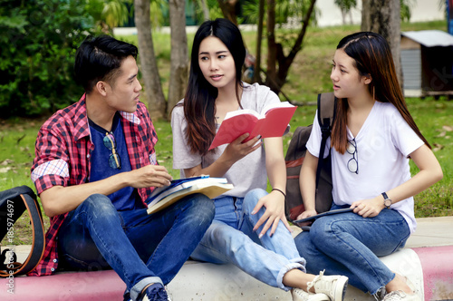 Group of young asian studying in university sitting during lecture education students college university studying.