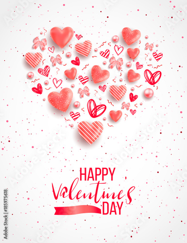 Saint valentine day background with colorful hearts with frame. Happy valentines day and weeding design elements. Vector illustration. Pink Background With hearts. Doodles and curls. Be my valentine.