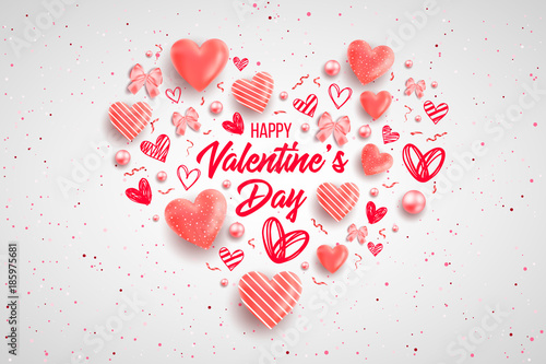 Saint valentine day background with colorful hearts with frame. Happy valentines day and weeding design elements. Vector illustration. Pink Background With hearts. Doodles and curls. Be my valentine.