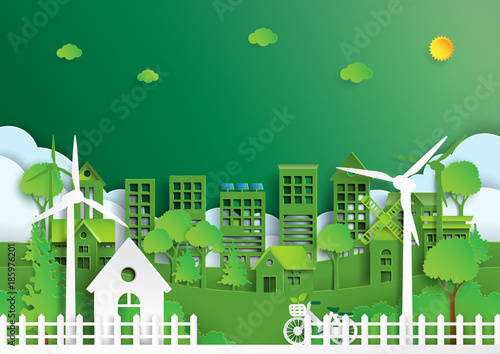 Fototapeta Naklejka Na Ścianę i Meble -  Nature landscape background paper art style.Green eco friendly city and renewable energy of environment conservation concept.Vector illustration.