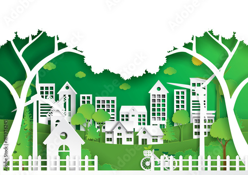 Nature landscape background paper art style.Green eco city of environment conservation concept.Vector illustration.