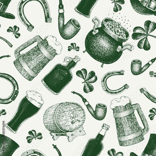 Hand drawn vector seamles pattern with leprechaun hat, clover, beer mug, barrel, golden coin pot for St. Patrick's Day. Irish retro illustration.