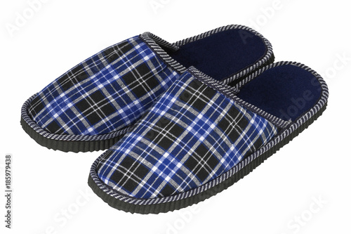 Pair of checked blue slippers on white background