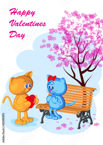 greeting card two cats valentine's day gives heart love tenderness surprise girl woman bench tree blooming cherry blue background cartoon style