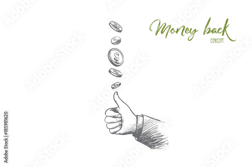 Money back concept. Hand drawn coins flying and gesture means perfect. Service for clients isolated vector illustration.