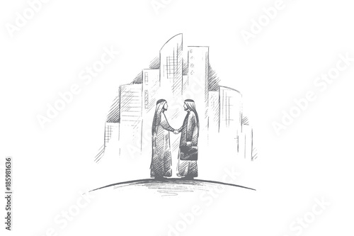 Muslims concept. Hand drawn arab persons shaking hands. Arab persons in national dress isolated vector illustration.