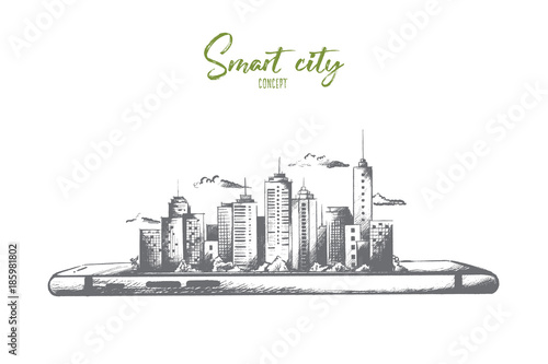 Smart city concept. Hand drawn smartphone with modern city scape. Little model of city with skyscrapers isolated vector illustration.