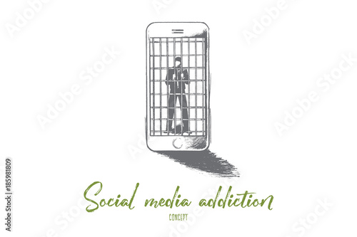 Social media addiction concept. Hand drawn person in jail of internet. Man slave of his smartphone isolated vector illustration.