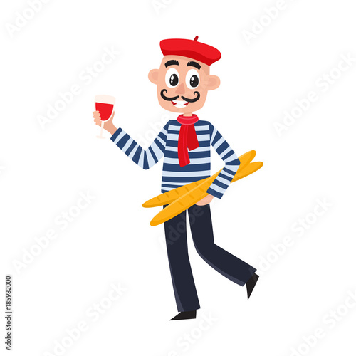 French man in striped shirt, beret and necktie holding wine glass and baguettes, cartoon vector illustration isolated on white background. French stereotypes - striped shirt beret, wine and baguettes