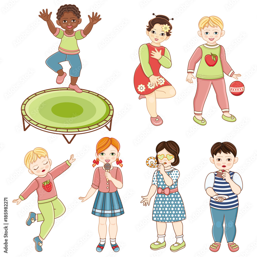 Kids, children, boys and girls jumping, dancing, singing, playing, eating  birthday cake, cartoon vector illustration isolated on white background.  Kids party - boys, girls sing, dance, eat cake, jump Stock Vector |