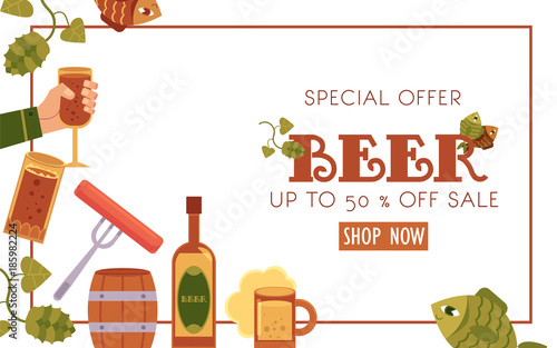 Vector cartoon beer symbols icon poster template. man hands holding thin , big mugs of golden lager cool beer with thick foam, bottle of beer, green hop cones, leaves, sausages, dried fish isolated