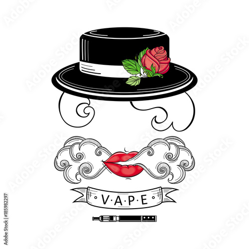 Retro vape shop logo, emblem design with female hat, hair and lips, smoke and decorative ribbon, vector illustration isolated on white background. Vape shop logo design with stylized smoking woman
