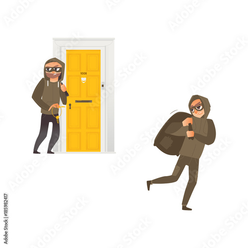 vector cartoon thief burglar housebreaker in mask, hood, breaking and entering in a victim's house holding stolen keys in hand, robber holding bag with stolen money. Isolated illustration