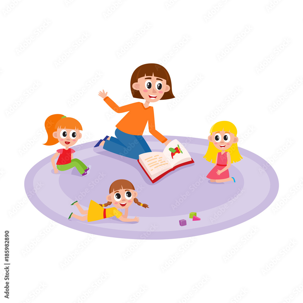 vector flat girls kids sitting and lying at carpet near cubics toys around young woman with book - teacher and listening to her attentively with interest. Isolated illustration, white background.