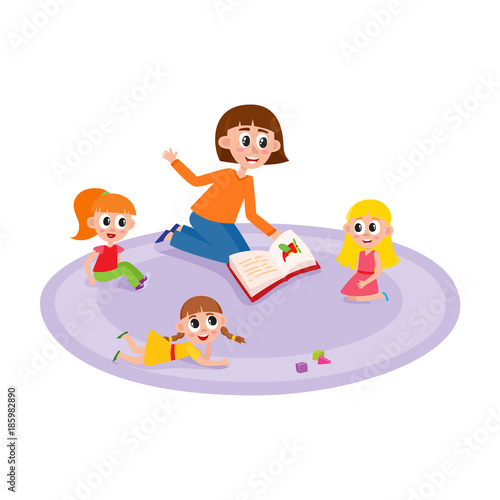 vector flat girls kids sitting and lying at carpet near cubics toys around young woman with book - teacher and listening to her attentively with interest. Isolated illustration, white background.