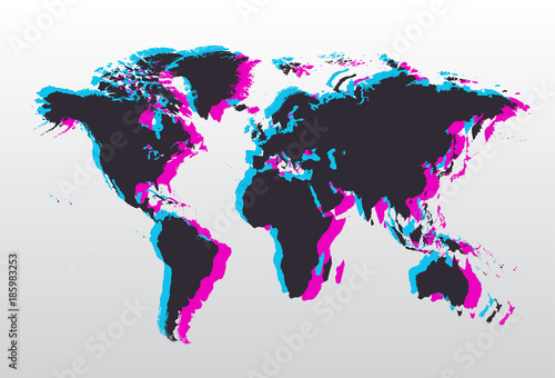 World map black with modern shadows pink and blue 