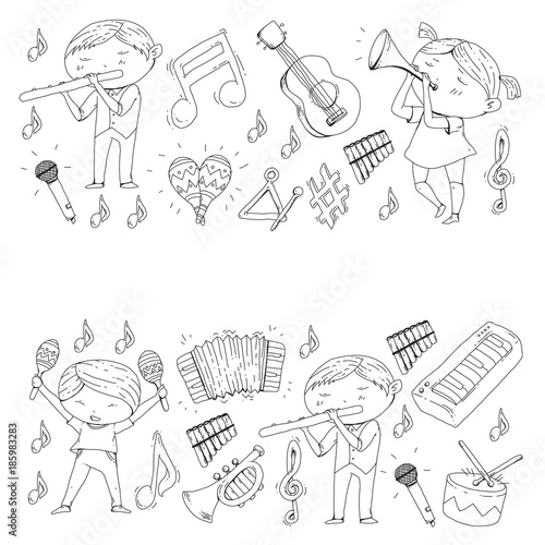 Vector school of music Musical theatre Kindergarten children with music instruments Drum, flute, accordion, trumpet, piano Music perfomance and school age kids Children orchestra