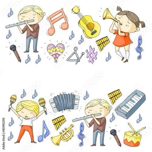 Vector school of music Musical theatre Kindergarten children with music instruments Drum, flute, accordion, trumpet, piano Music perfomance and school age kids Children orchestra