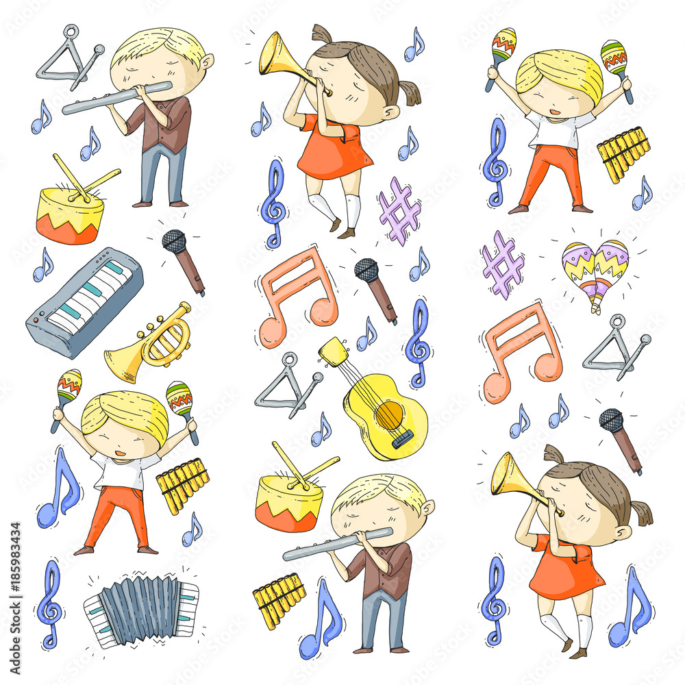 Obraz premium Vector school of music Musical theatre Kindergarten children with music instruments Drum, flute, accordion, trumpet, piano Music perfomance and school age kids Children orchestra