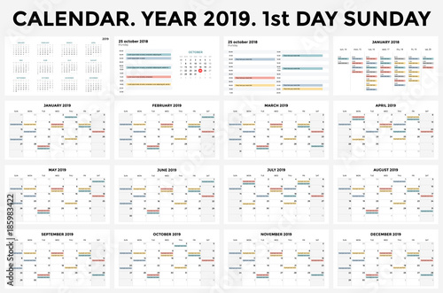 Calendar infographic, table chart, presentation chart. Business period concept. Task manager. Day, week, month. 2019 year. Time management. Organizer date diary.