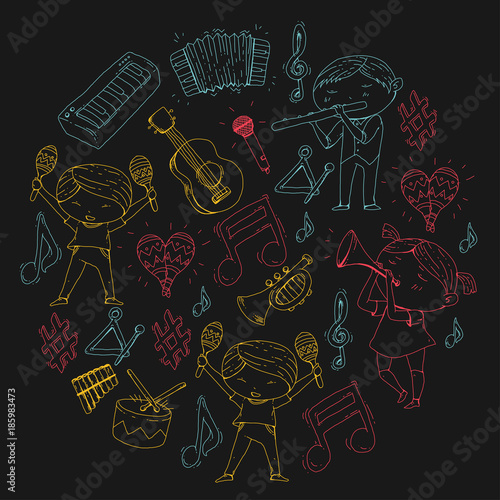 Vector school of music Musical theatre Kindergarten children with music instruments Drum, flute, accordion, trumpet, piano Music perfomance and school age kids Children orchestra