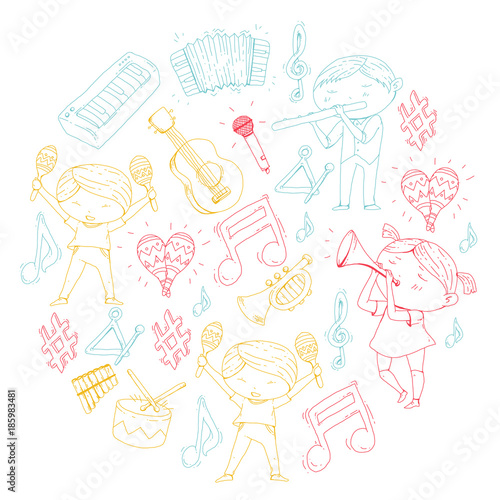 Vector school of music Musical theatre Kindergarten children with music instruments Drum, flute, accordion, trumpet, piano Music perfomance and school age kids Children orchestra